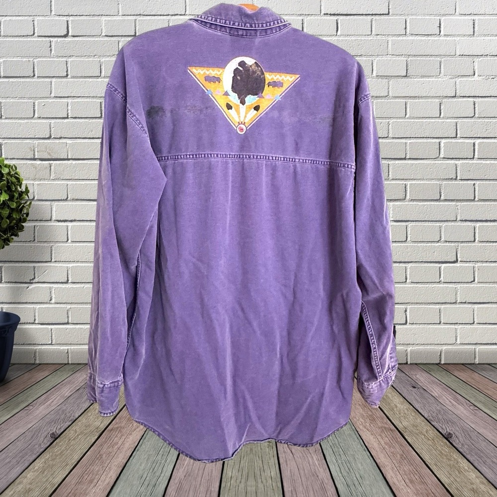 Vintage Shirt Mens Sz L Bison Buffalo Western Purple Distressed Denim Cowboy USA